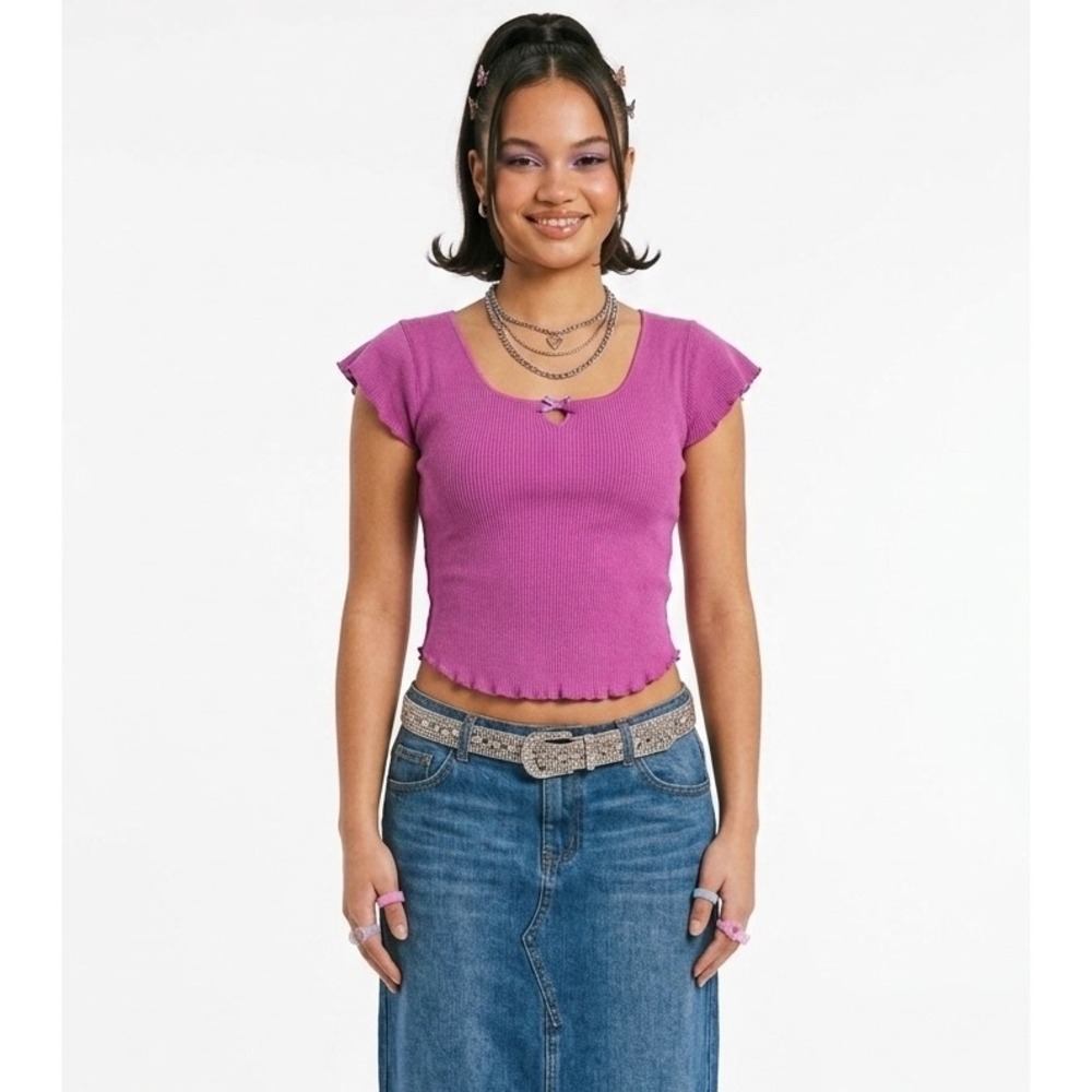 Vintage 80s Jane Fonda Workouts Ribbed Top Womens M‎ Bow Lettuce Edge Crop Y2K